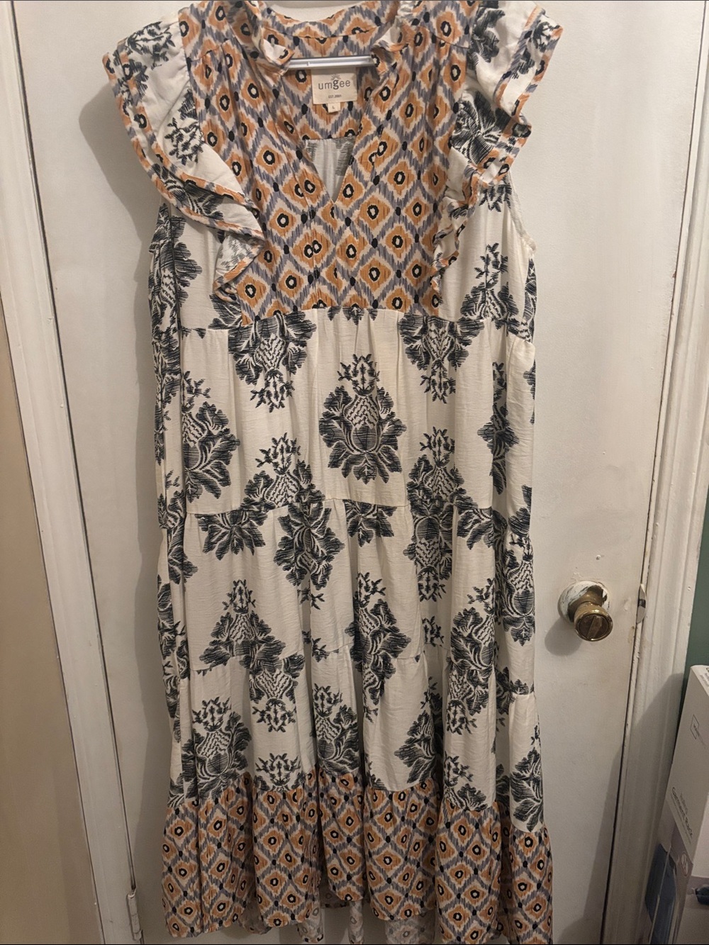 Umgee Cream Maxi Dress with Mustard & Black Prints